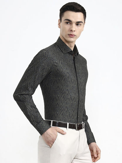 Olive Printed Slim Fit Party Wear Shirt | Wyre