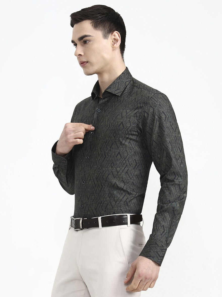 Olive Printed Slim Fit Party Wear Shirt | Wyre