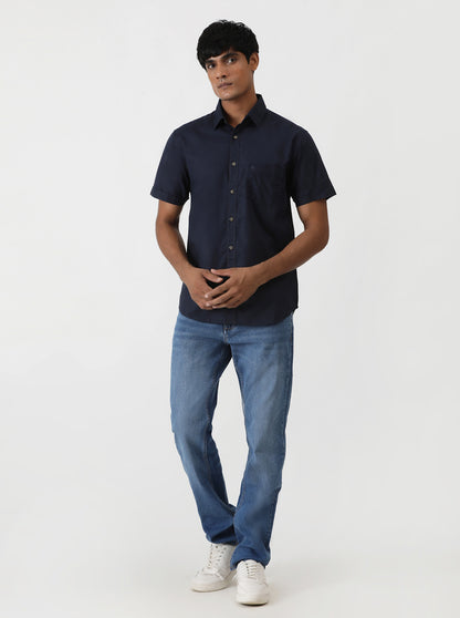 Navy Blue Solid Slim Fit Casual Shirt | Greenfibre