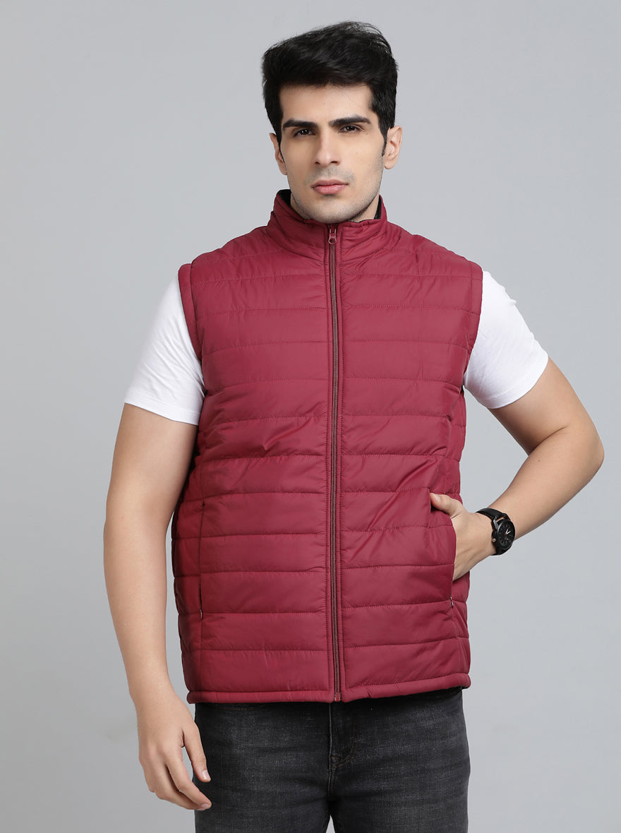 Maroon Solid Slim Fit Winter Jacket | JadeBlue