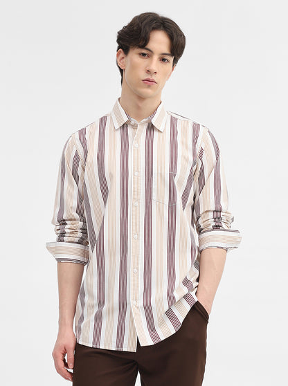 Beige Striped Slim Fit Casual Shirt | JadeBlue