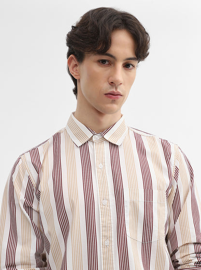 Beige Striped Slim Fit Casual Shirt | JadeBlue