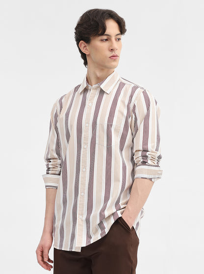 Beige Striped Slim Fit Casual Shirt | JadeBlue
