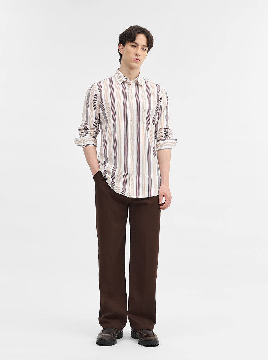 Beige Striped Slim Fit Casual Shirt | JadeBlue