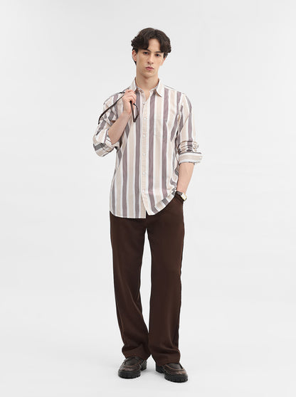 Beige Striped Slim Fit Casual Shirt | JadeBlue