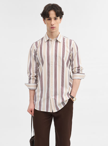 Beige Striped Slim Fit Casual Shirt | JadeBlue