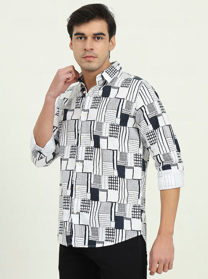 White & Black Printed Slim Fit Casual Shirt | JadeBlue