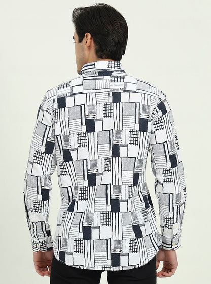 White & Black Printed Slim Fit Casual Shirt | JadeBlue