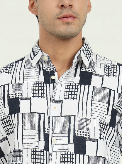 White & Black Printed Slim Fit Casual Shirt | JadeBlue