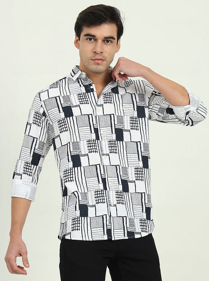 White & Black Printed Slim Fit Casual Shirt | JadeBlue