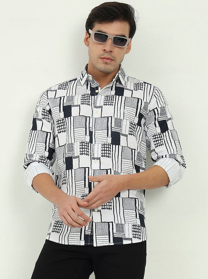White & Black Printed Slim Fit Casual Shirt | JadeBlue
