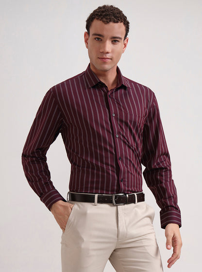 Maroon Striped Regular Fit Formal Shirt | JadeBlue