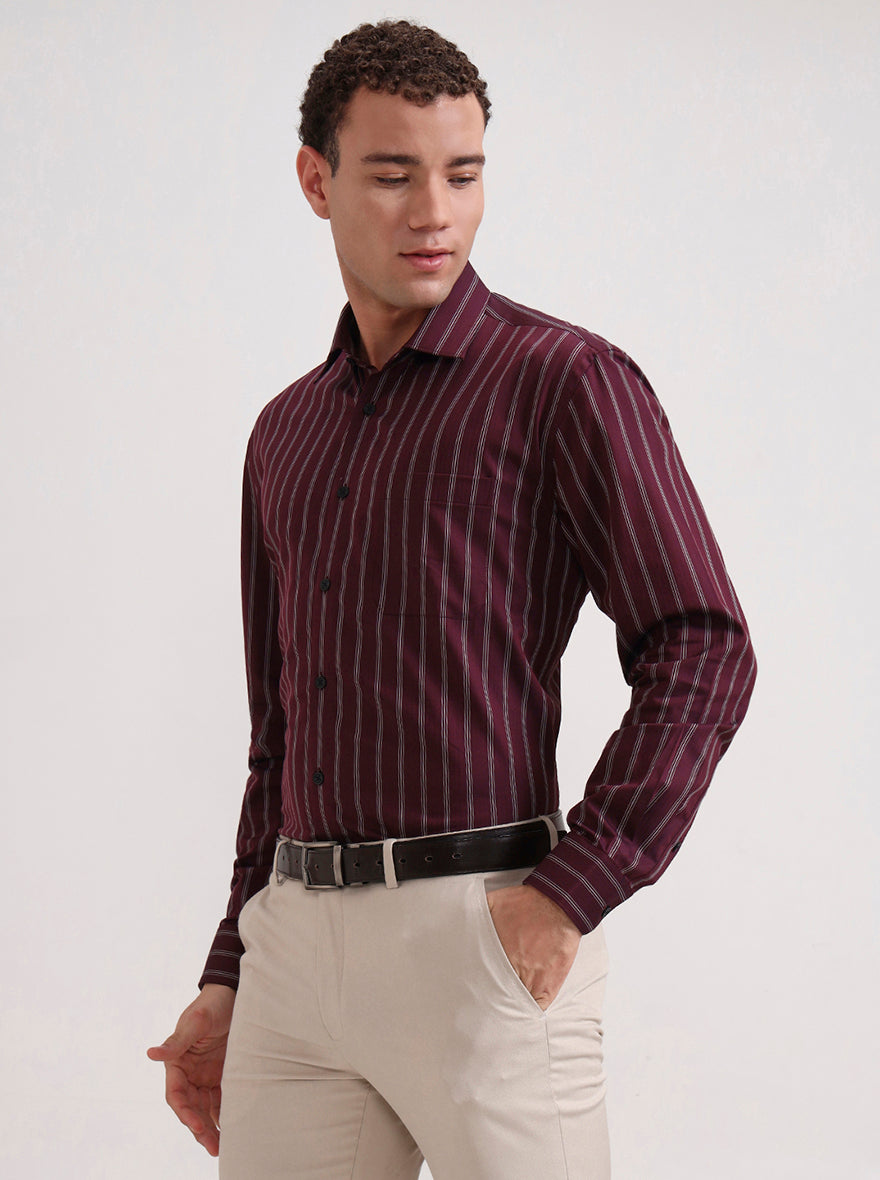 Maroon Striped Regular Fit Formal Shirt | JadeBlue