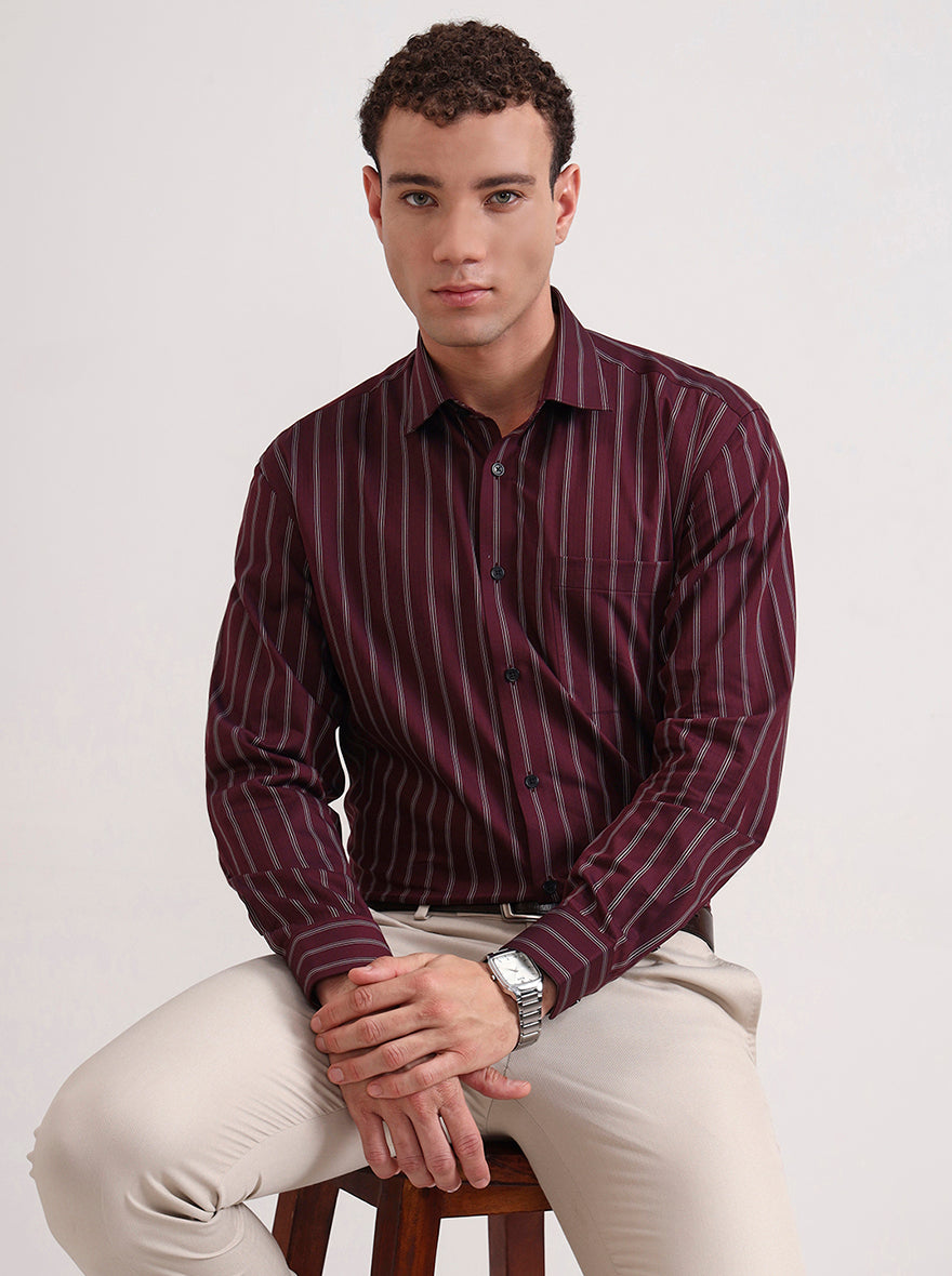 Maroon Striped Regular Fit Formal Shirt | JadeBlue