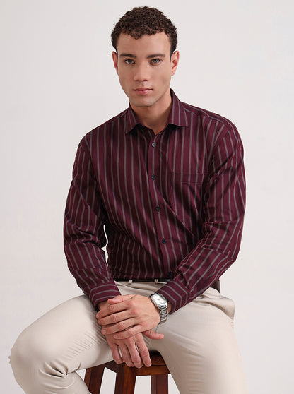 Maroon Striped Regular Fit Formal Shirt | JadeBlue