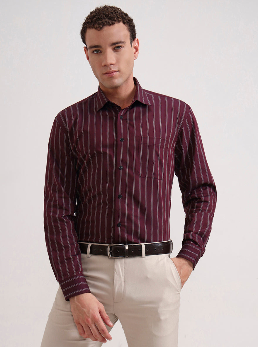 Maroon Striped Regular Fit Formal Shirt | JadeBlue