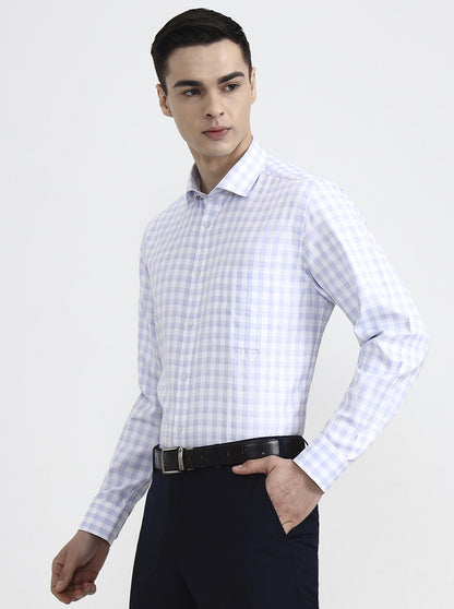 White & Blue Checked Regular Fit Formal Shirt | Greenfibre