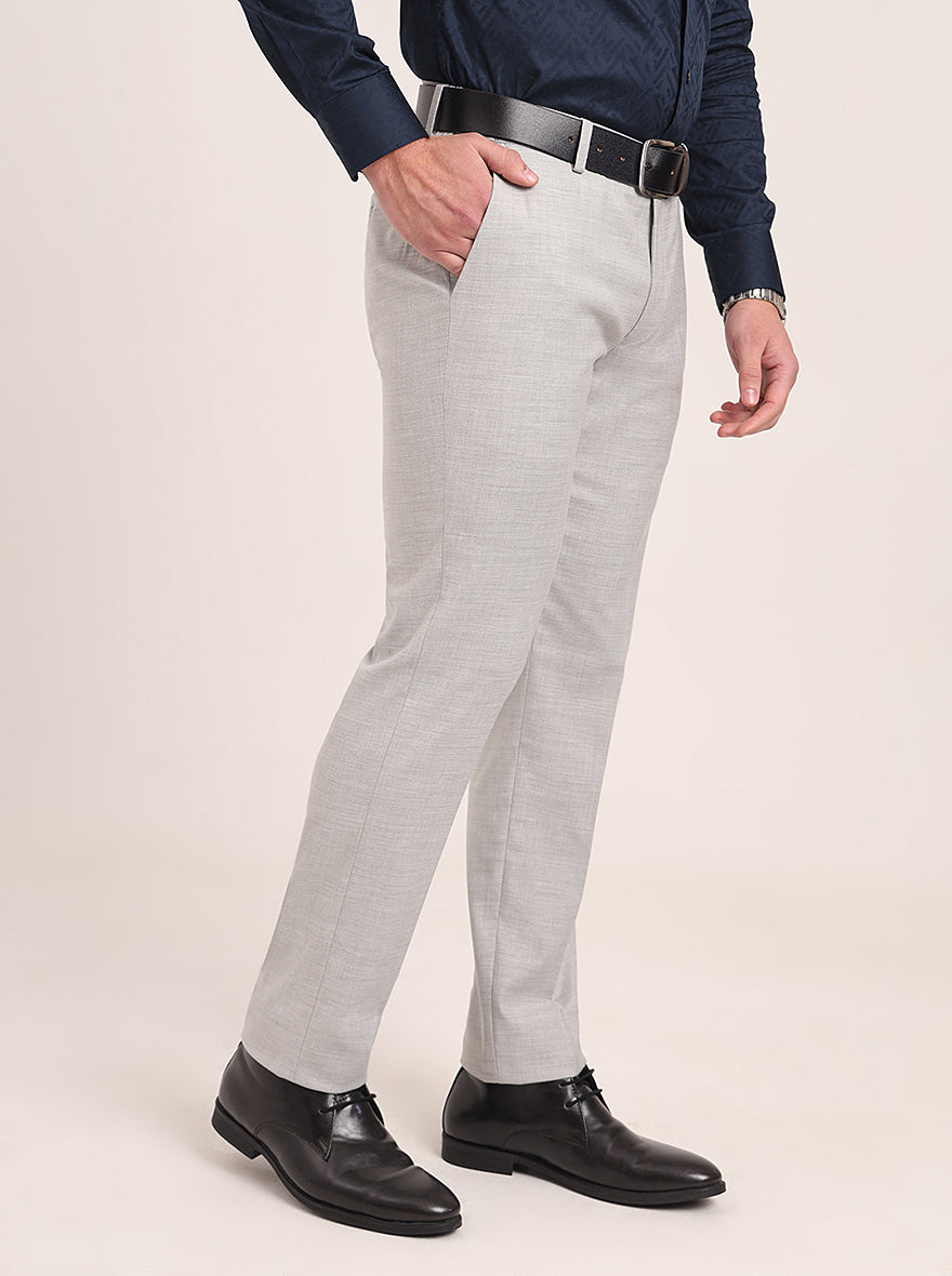 Light Grey Solid Super Slim Fit Formal Trouser | JadeBlue Youth
