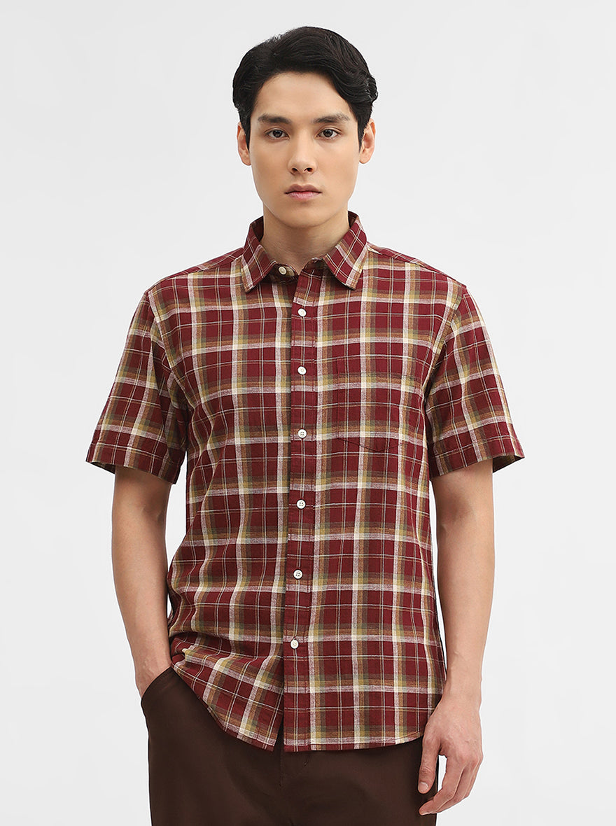Maroon Checked Slim Fit Casual Shirt | Greenfibre