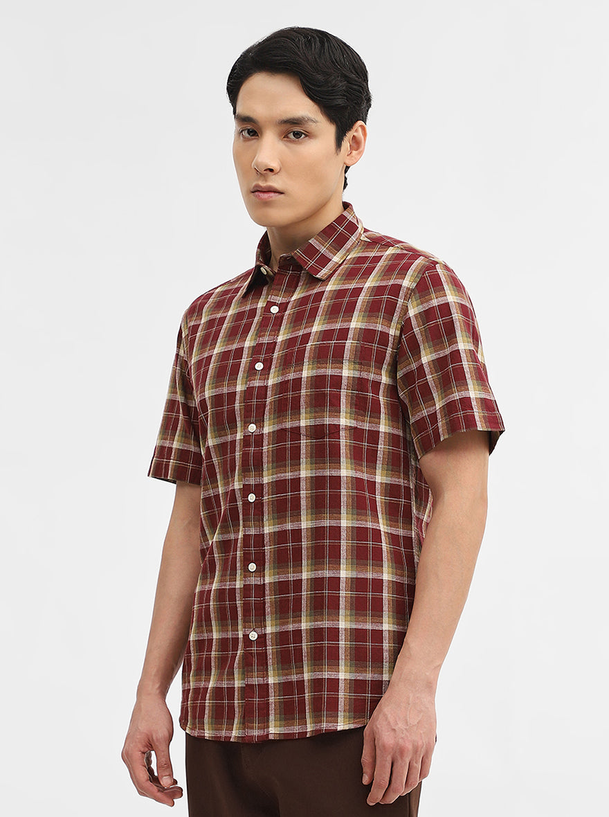 Maroon Checked Slim Fit Casual Shirt | Greenfibre