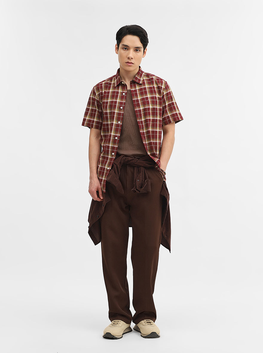 Maroon Checked Slim Fit Casual Shirt | Greenfibre