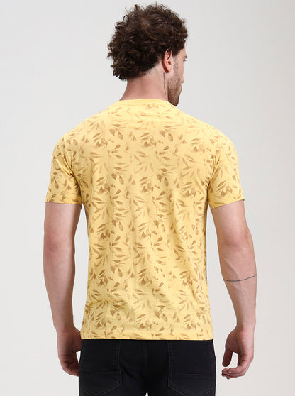Buff Yellow Printed Slim Fit T-Shirt | Greenfibre