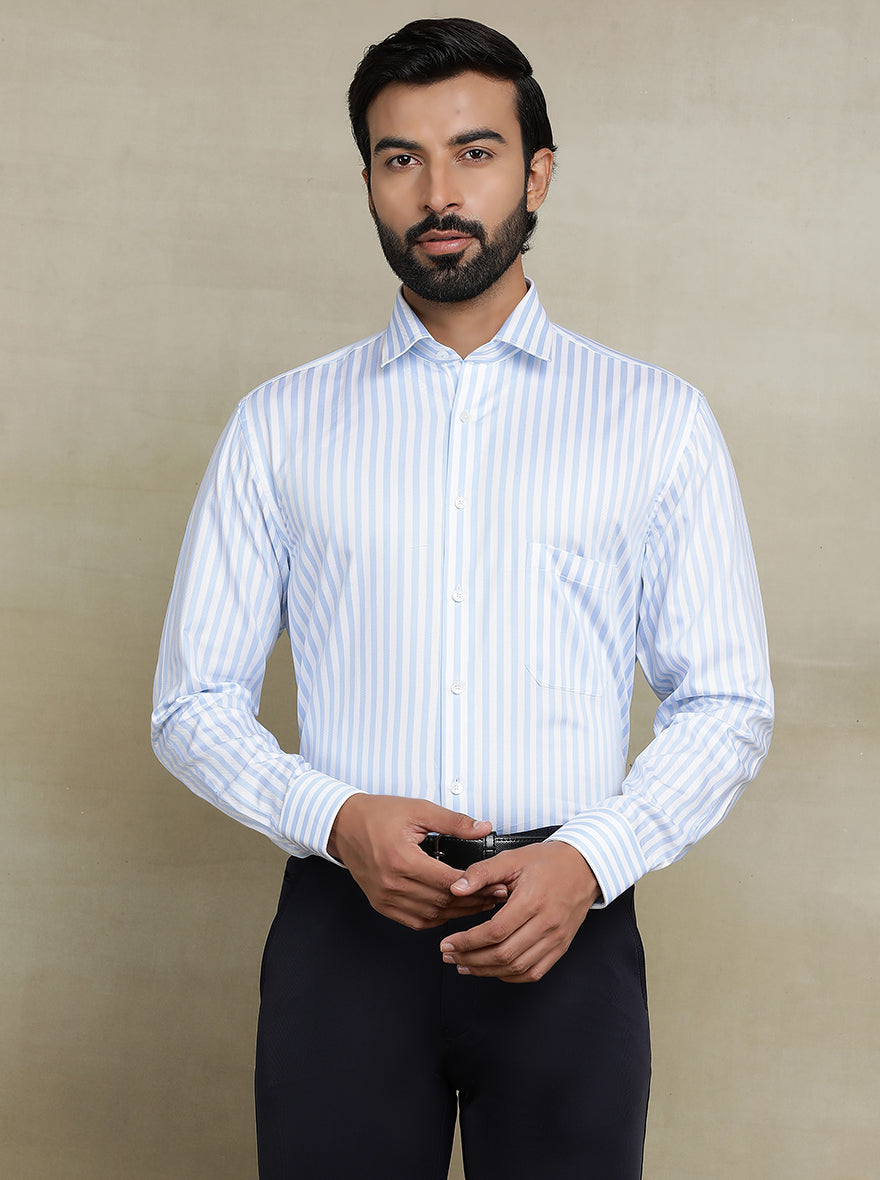 White & Blue Striped Regular Fit Formal Shirt | JadeBlue