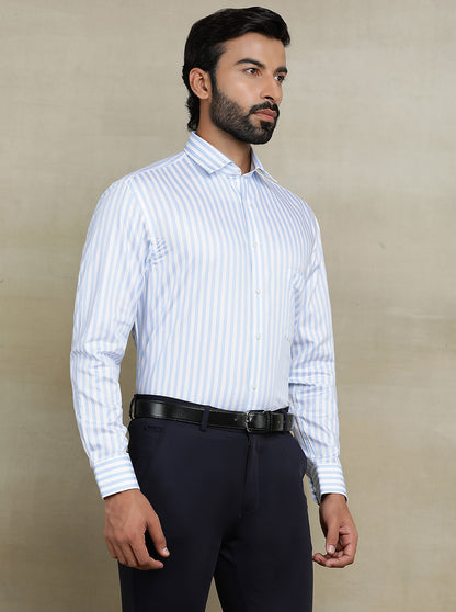 White & Blue Striped Regular Fit Formal Shirt | JadeBlue