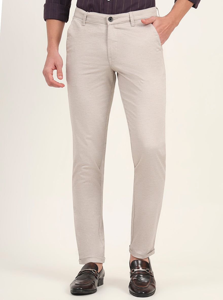 Cream Solid Neo Fit Casual Trouser | Greenfibre