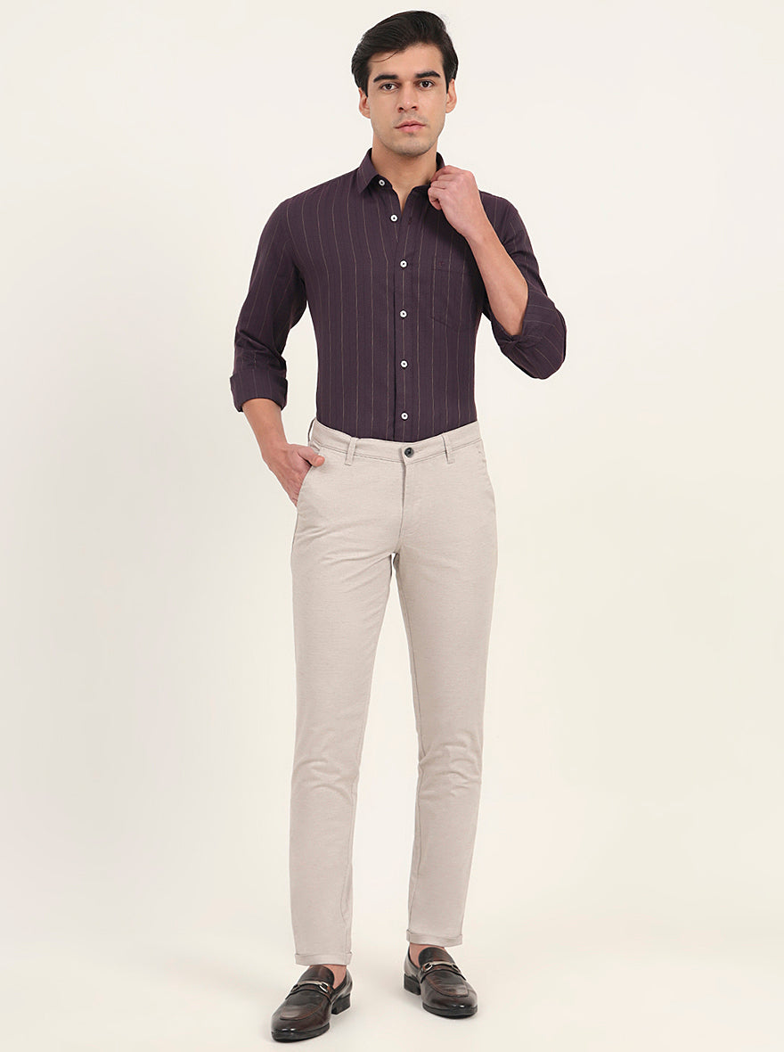 Cream Solid Neo Fit Casual Trouser | Greenfibre