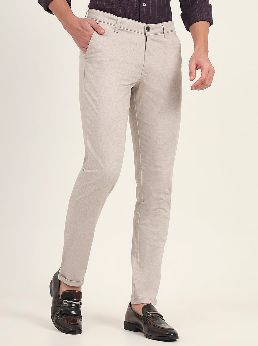 Cream Solid Neo Fit Casual Trouser | Greenfibre