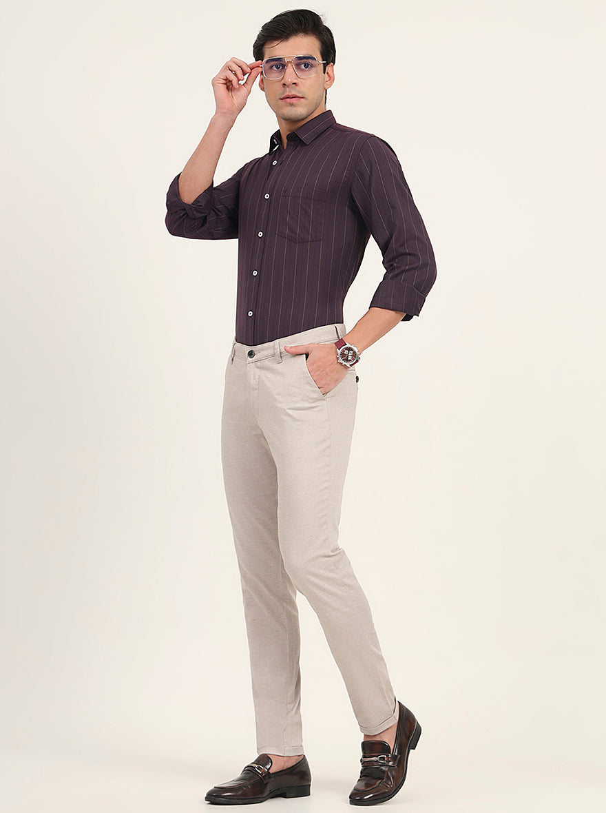 Cream Solid Neo Fit Casual Trouser | Greenfibre