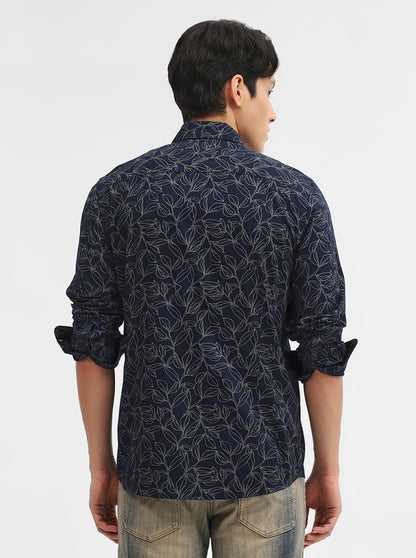 Navy Blue Printed Tailored Fit Semi Casual Shirt | Greenfibre