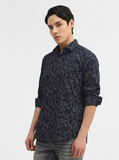 Navy Blue Printed Tailored Fit Semi Casual Shirt | Greenfibre