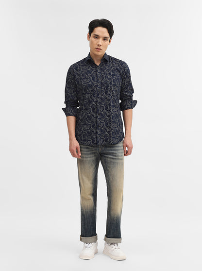 Navy Blue Printed Tailored Fit Semi Casual Shirt | Greenfibre