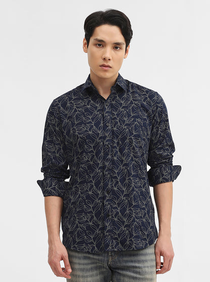 Navy Blue Printed Tailored Fit Semi Casual Shirt | Greenfibre