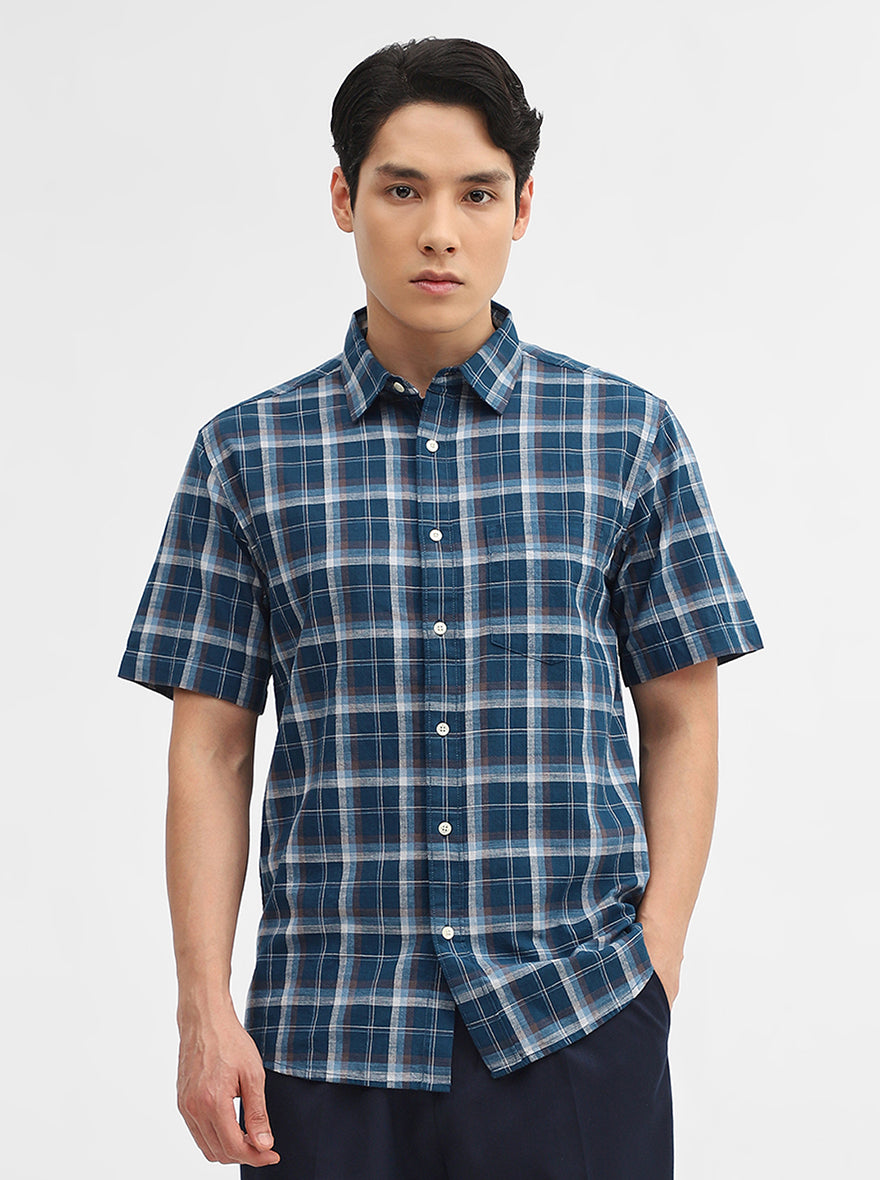 Teal Checked Slim Fit Casual Shirt | Greenfibre