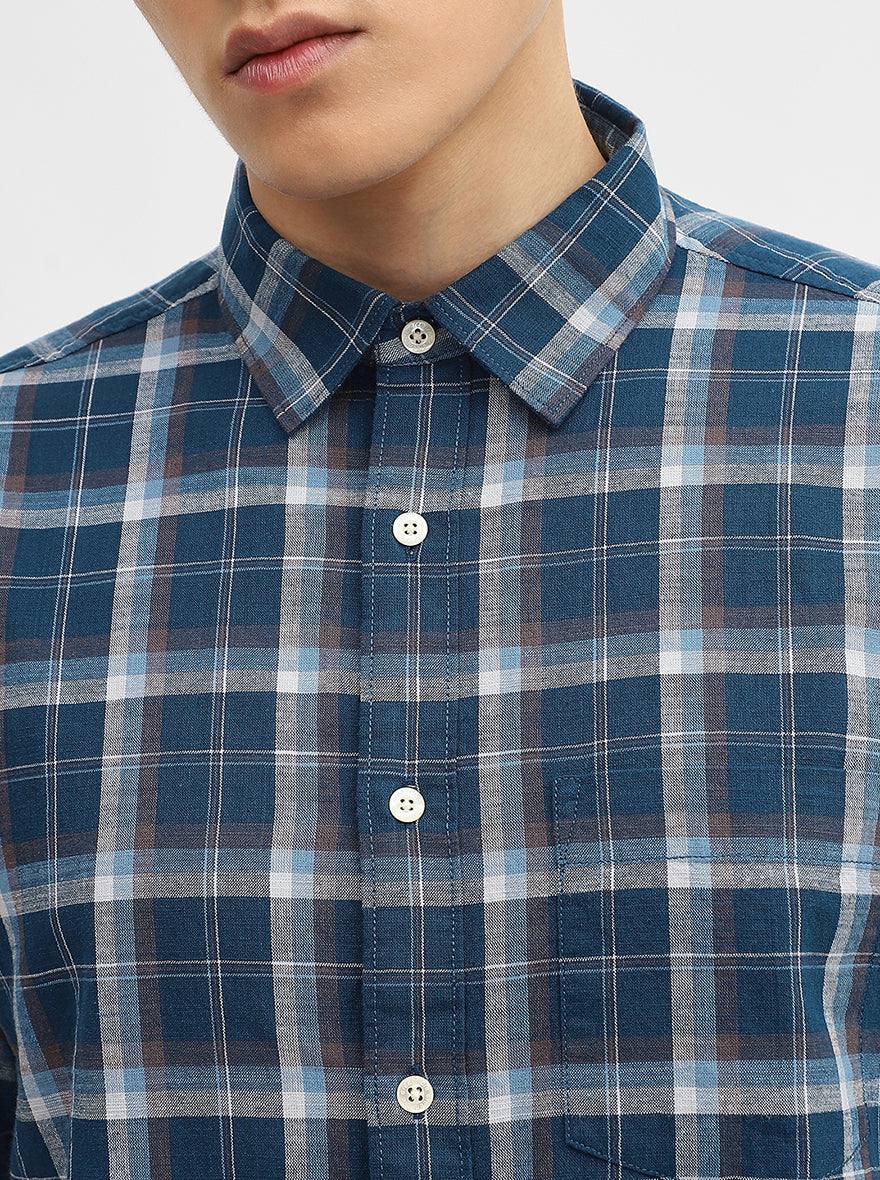 Teal Checked Slim Fit Casual Shirt | Greenfibre