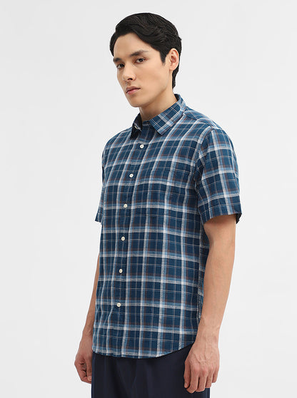 Teal Checked Slim Fit Casual Shirt | Greenfibre