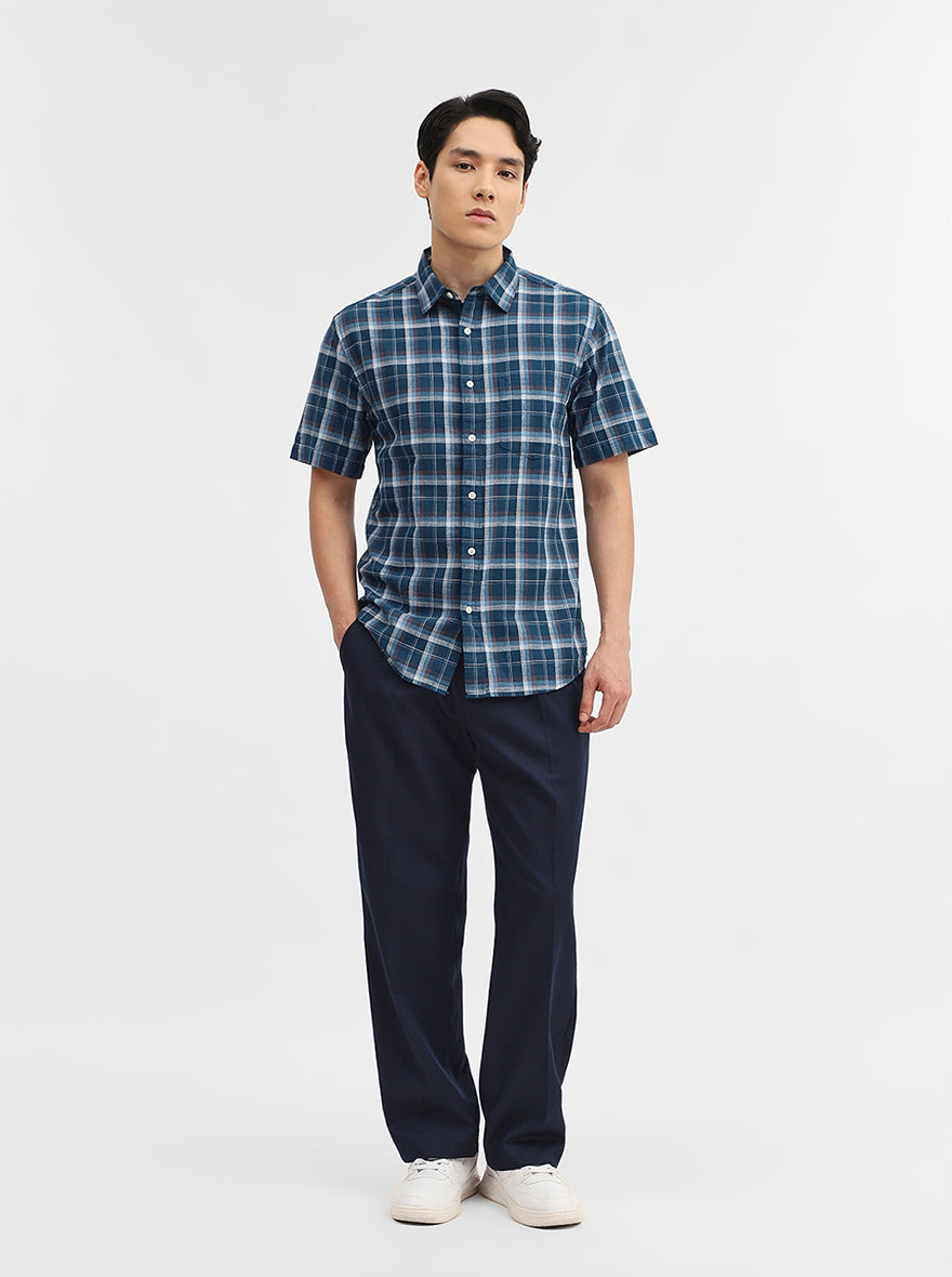 Teal Checked Slim Fit Casual Shirt | Greenfibre