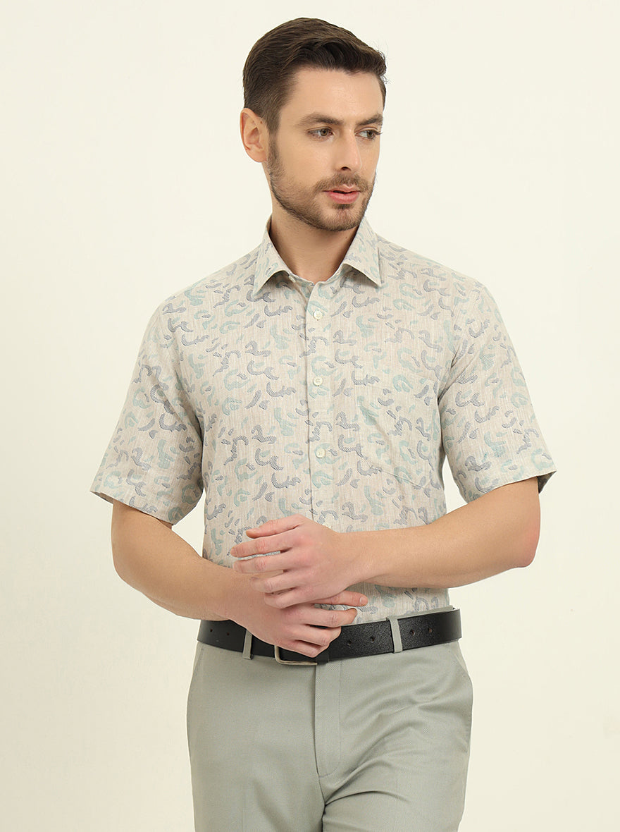 Beige & Green Printed Regular Fit Formal Shirt | JadeBlue
