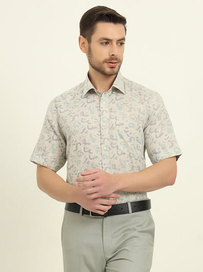 Beige & Green Printed Regular Fit Formal Shirt | JadeBlue