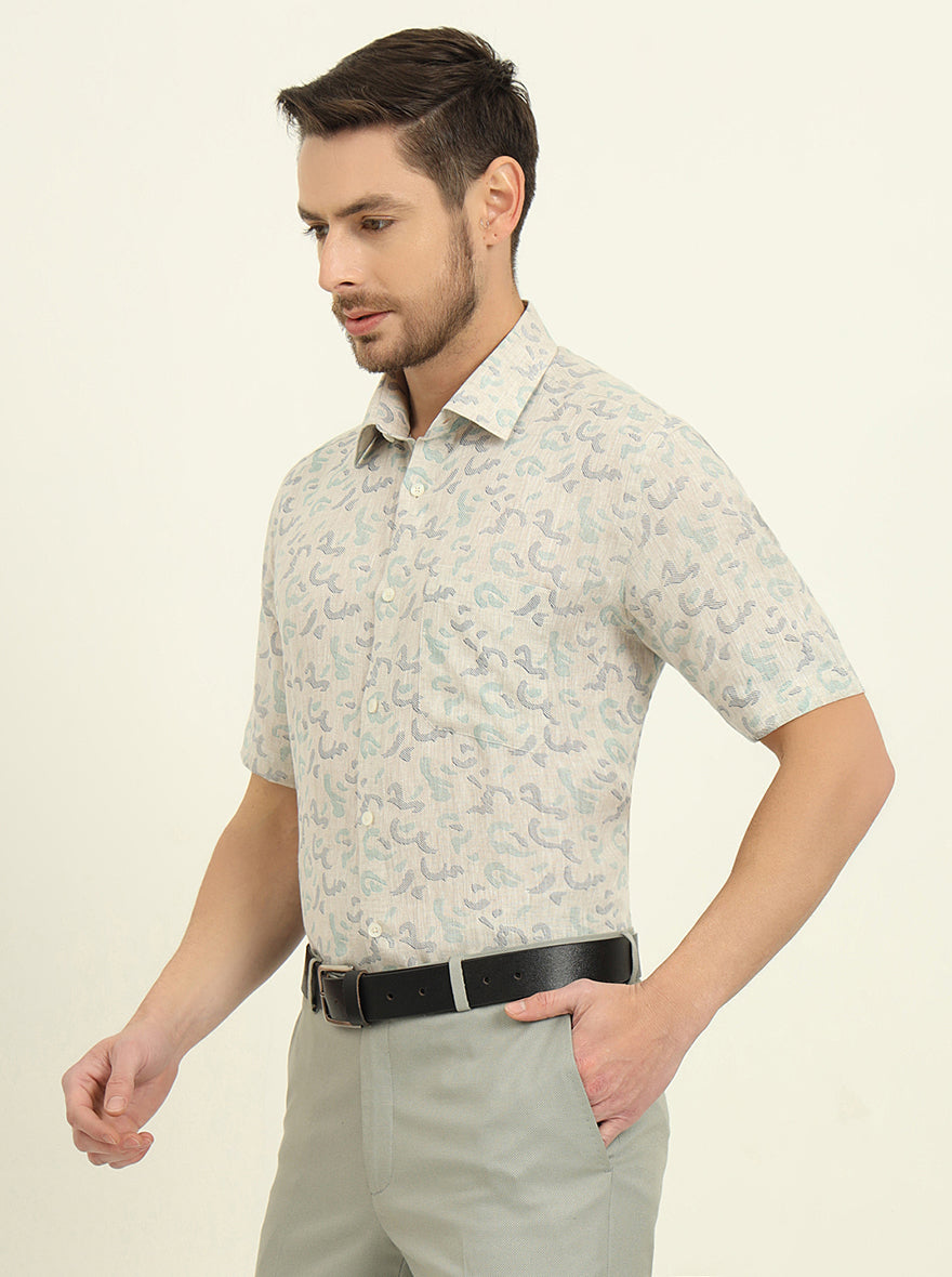 Beige & Green Printed Regular Fit Formal Shirt | JadeBlue