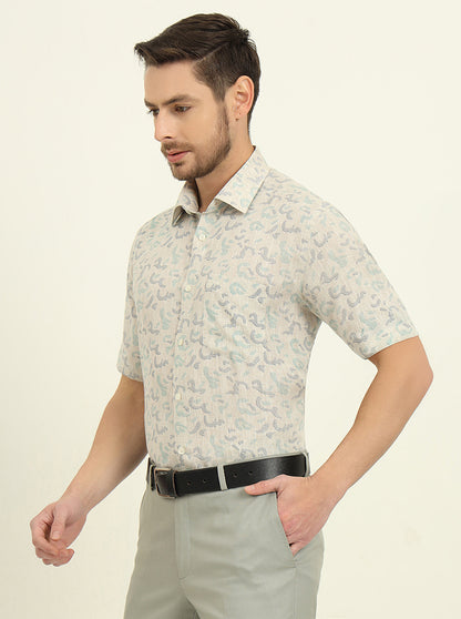 Beige & Green Printed Regular Fit Formal Shirt | JadeBlue