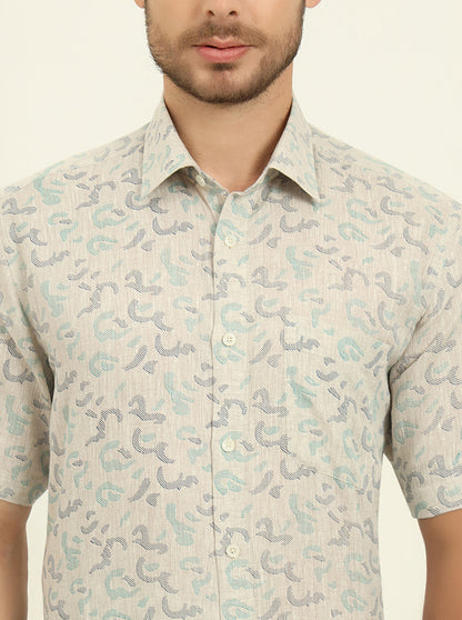Beige & Green Printed Regular Fit Formal Shirt | JadeBlue