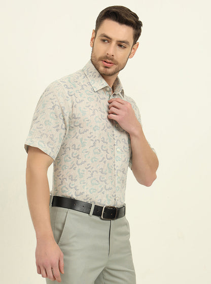 Beige & Green Printed Regular Fit Formal Shirt | JadeBlue