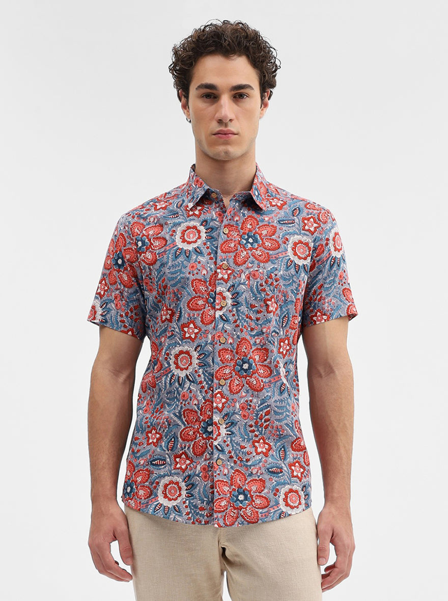 Grey & Red Printed Slim Fit Casual Shirt | JadeBlue