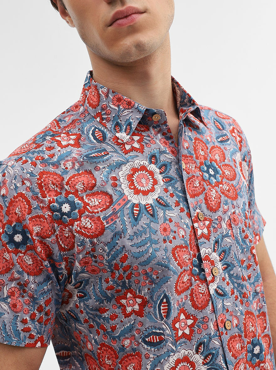 Grey & Red Printed Slim Fit Casual Shirt | JadeBlue