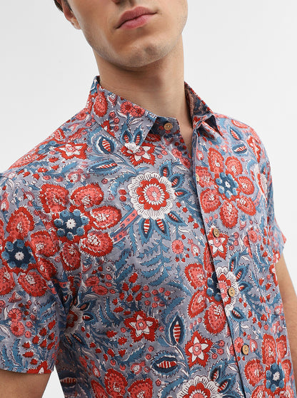 Grey & Red Printed Slim Fit Casual Shirt | JadeBlue