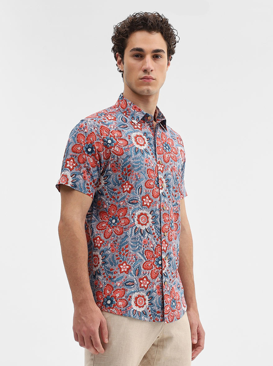 Grey & Red Printed Slim Fit Casual Shirt | JadeBlue